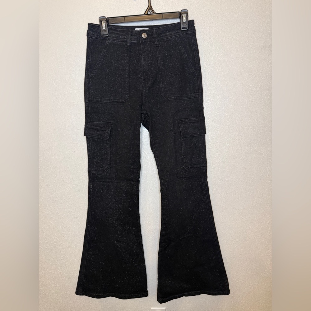 Forever 21 Black GLITTER Flared Cargo Jeans 🖤